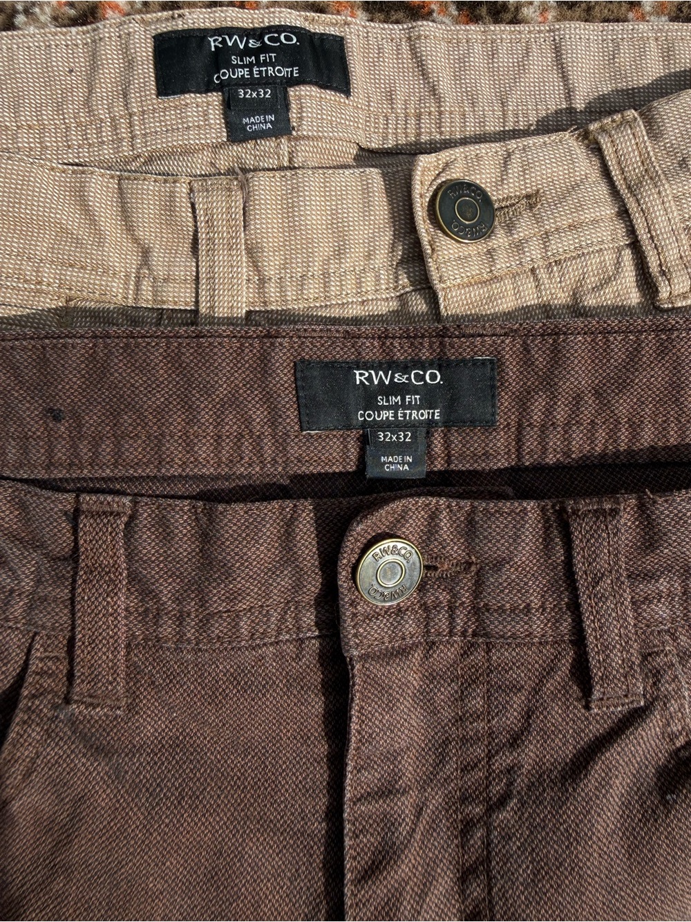 RW&CO Slim Fit Pants Lot 2 Men 32x32 Beige Tan Brown Stretch Chino 5 Pocket